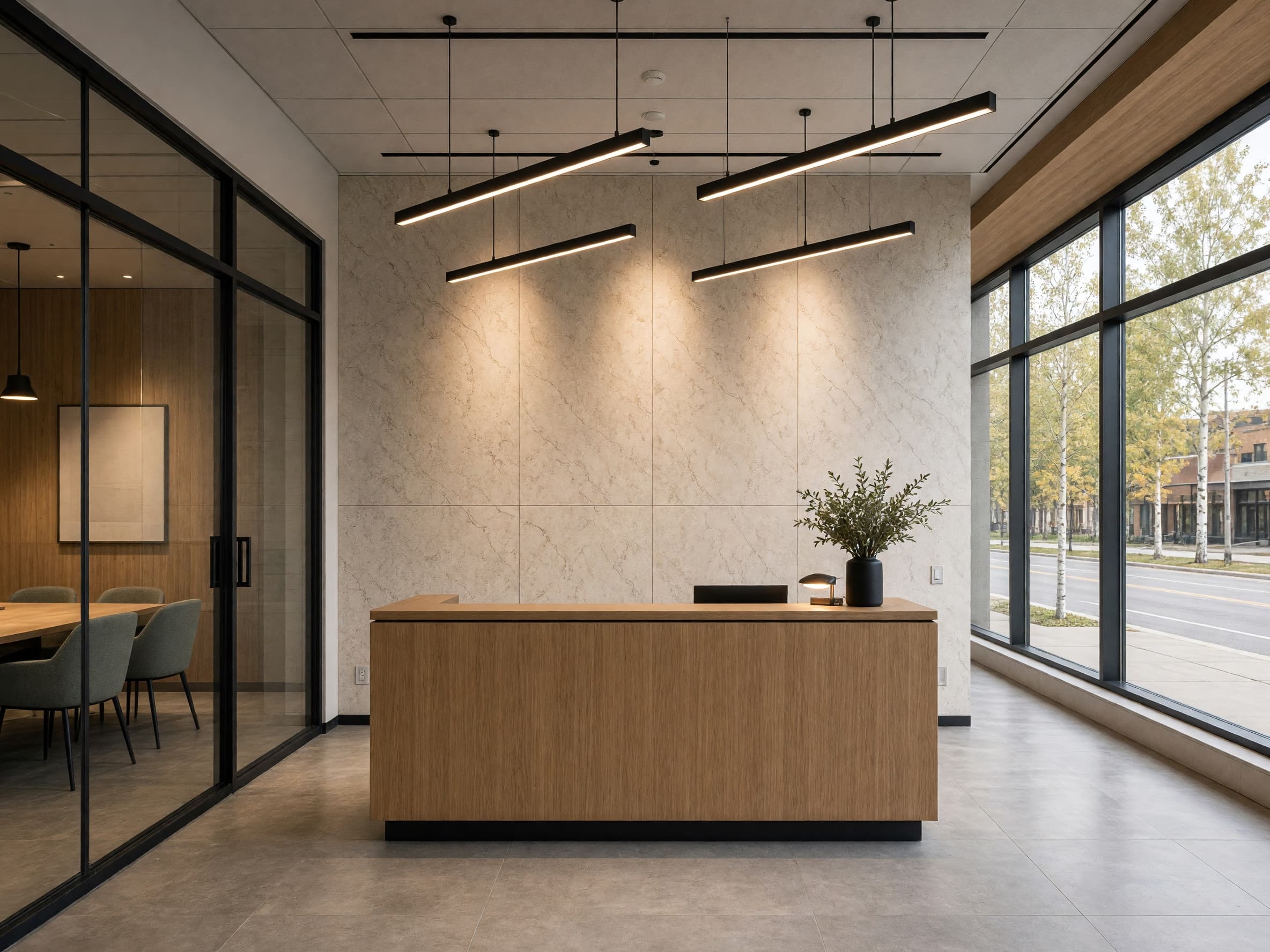 Concept illustration of a polished commercial office reception with supported linear lighting, oak finishes and a glazed meeting room.