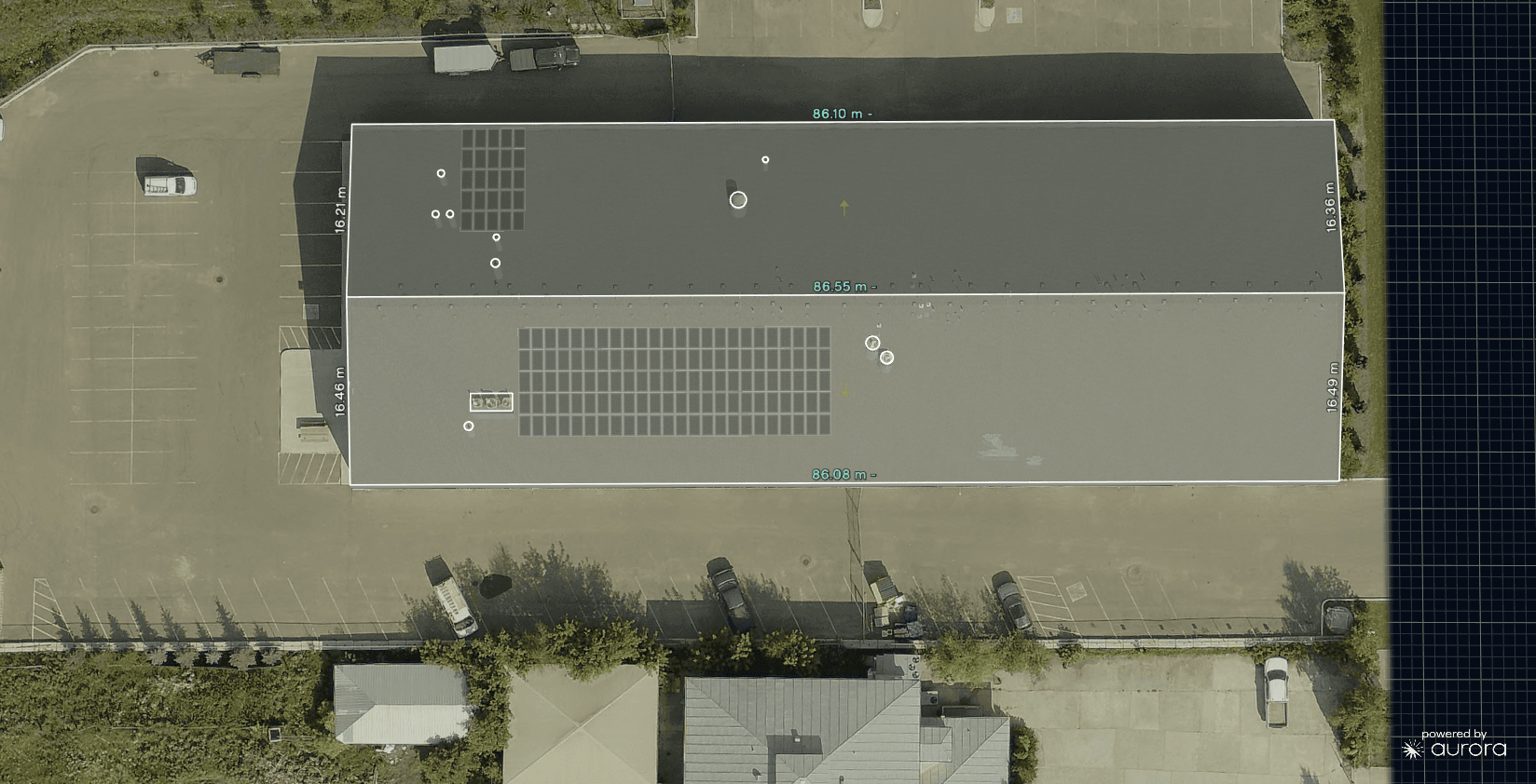 Aerial commercial roof model showing proposed solar panel layouts