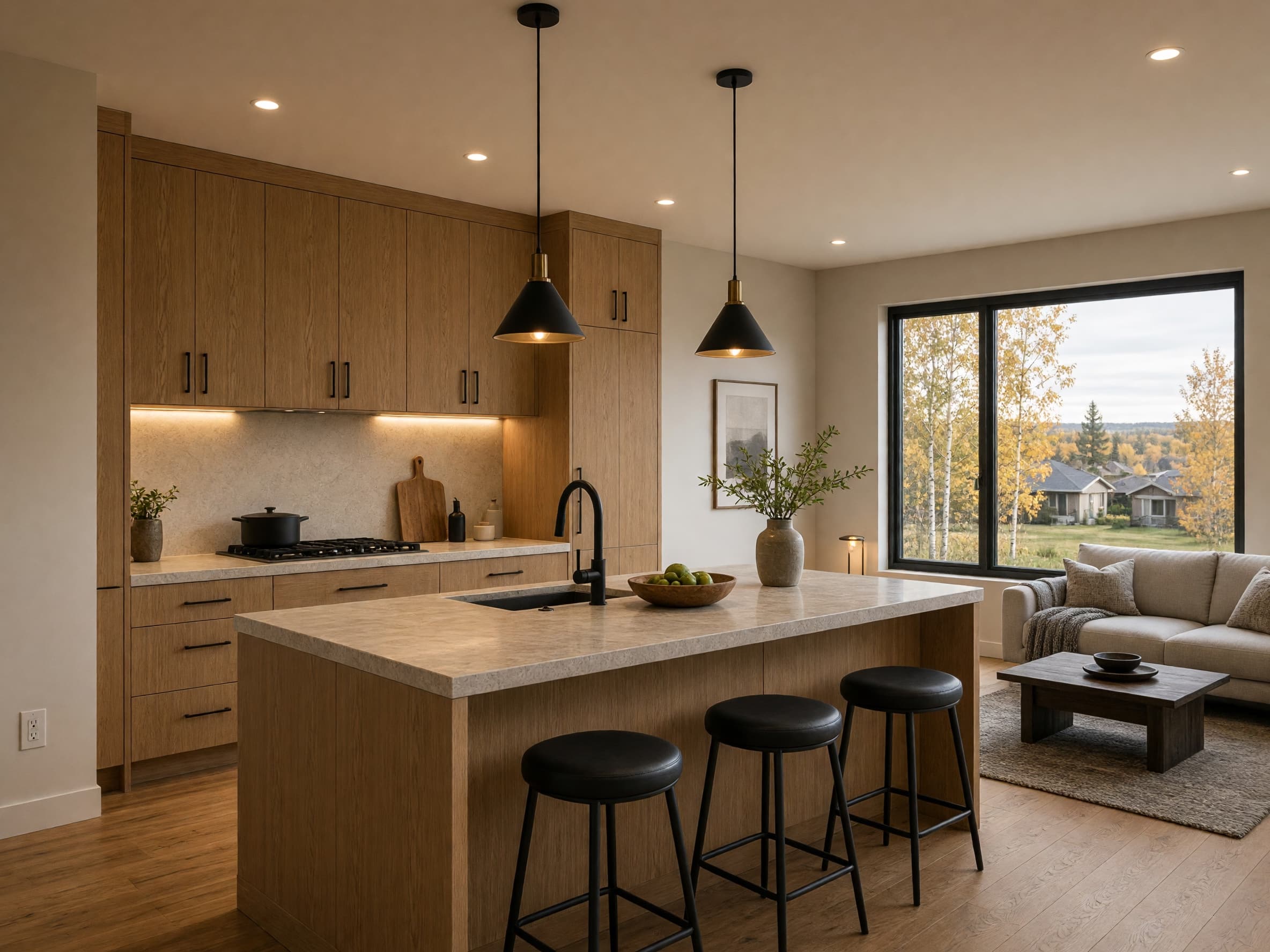 Concept illustration of a refined home kitchen with pendant lights, recessed lighting, oak cabinetry and stone surfaces.
