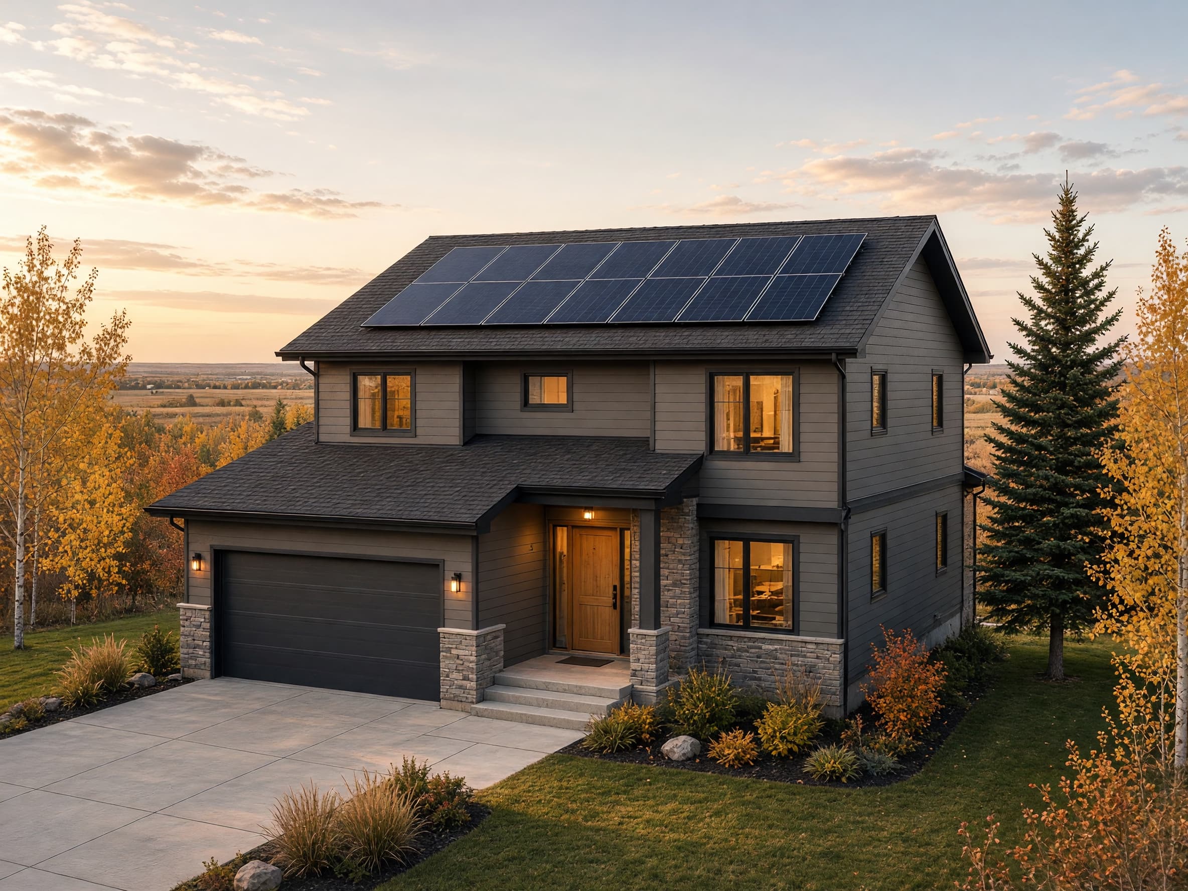 Concept illustration of a modern Edmonton home with an orderly rooftop solar array and prairie landscaping.