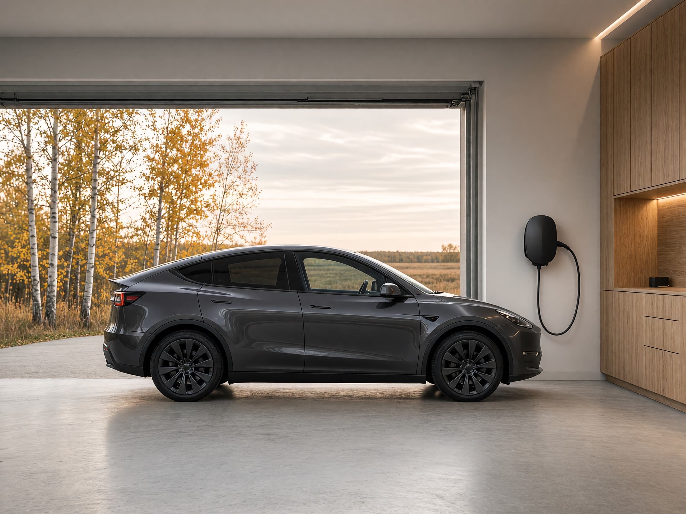 Concept illustration of a graphite electric vehicle beside a wall charger in a finished residential garage.