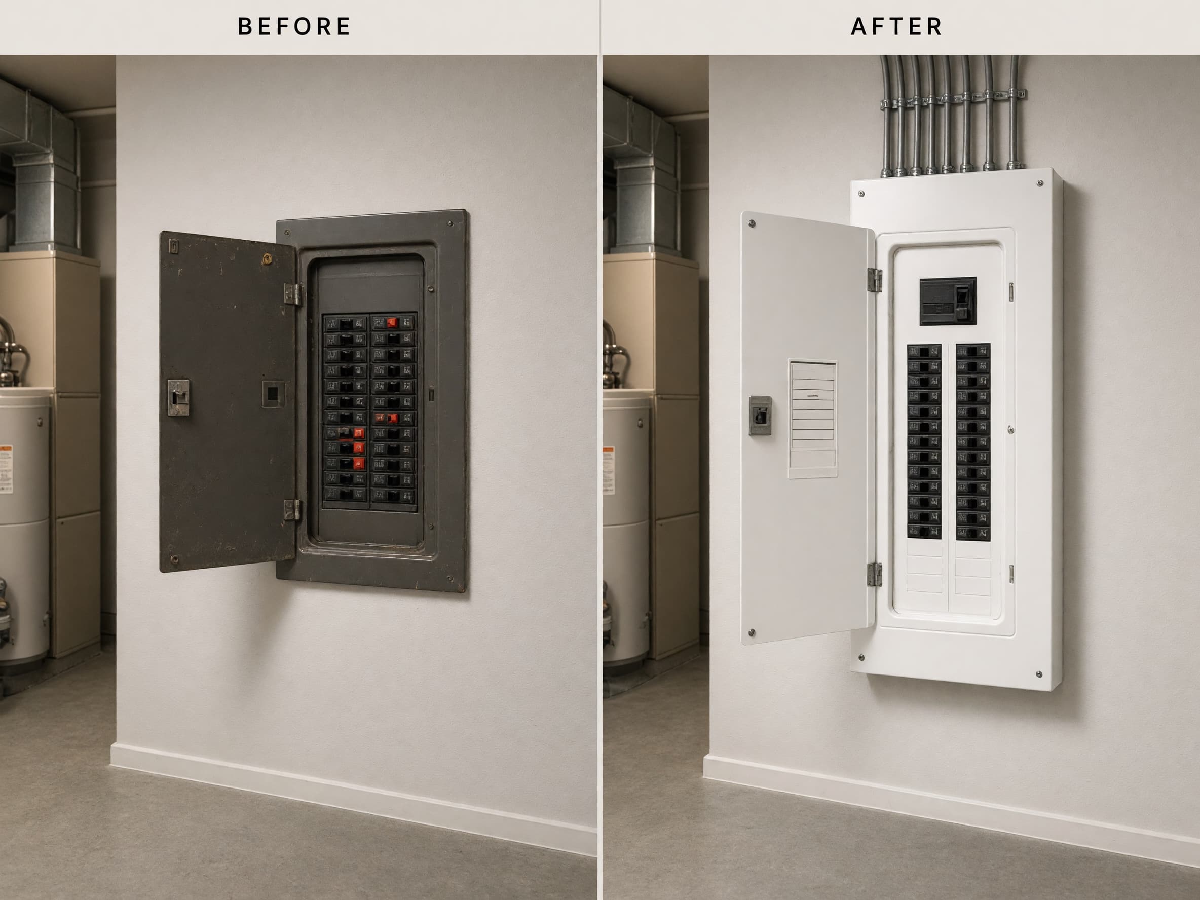 Before-and-after concept illustration of a dated crowded home electrical panel and a larger modern white load centre in the same mechanical room.